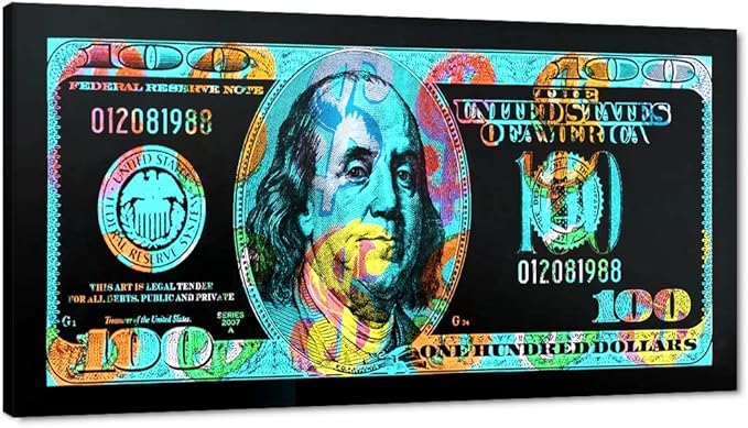 Abstract Color Graffiti Dollar Money Wall Paintings 100 Dollar Bill Wall Art Office Wall Art Canvas Artwork Vintage Money Large 1 Panel Artwork for Wall Decoration Paintings Easy to Hang-48"Wx24"H