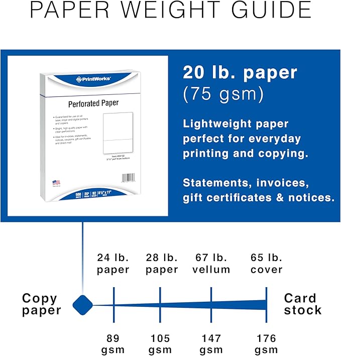 PrintWorks Professional 3 5/8" Horizontal Perforated Paper 8.5” x 11” - Perfect For W-2, 1099, & Statement Use - Made in the USA - 500 Sheets - 20 lb - Printer Compatible - White (04132)