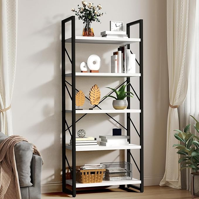 YITAHOME 5 Tiers Bookshelf, Classically Modern White Bookshelf, Book Rack, Storage Rack Shelves in Living Room/Home/Office, Books Holder Organizer for Books/Movies, Black & White