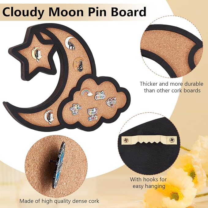 BENECREAT Cloud Moon Pin Board Cork Board, 12.4x10inch Star Bulletin Display Board Wall Mounted Board with Black Frame for Brooch Pin Storage Display, Office Home School Decor