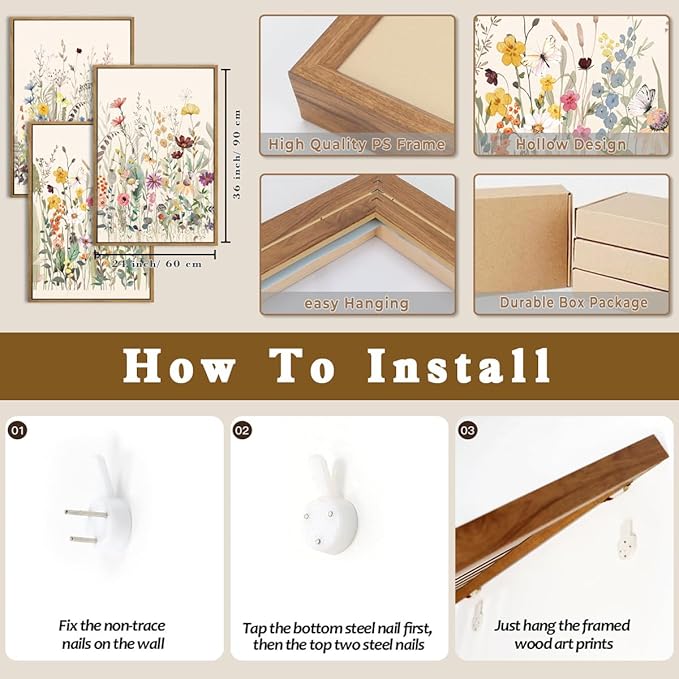 BINCUE Wildflower Wall Art Large Floral Wall Painting Neutral Print Pictures Decor Flower Artwork 36x24 Inches Framed Wildflowers Paintings Flower Wall Decor for Living Room Bedroom Bathroom Farmhouse Set of 3