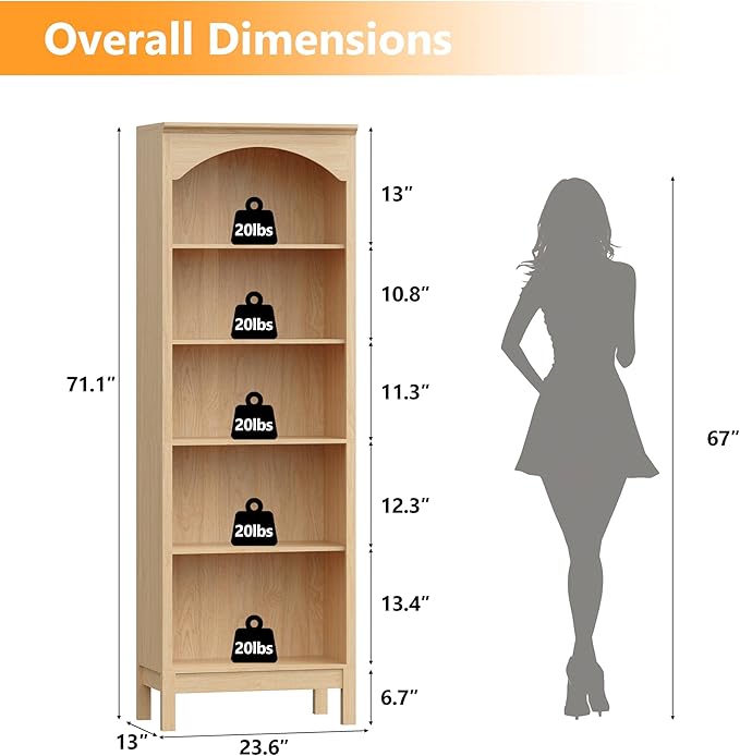 Arched Bookshelf with 5 Tier Open Shelves, 71" Tall Wood Bookcase with Adjustable Shelves, 24" Wide Floor Standing Display Storage Shelf for Home Office, Kitchen, Study and Living Room, Natural Oak
