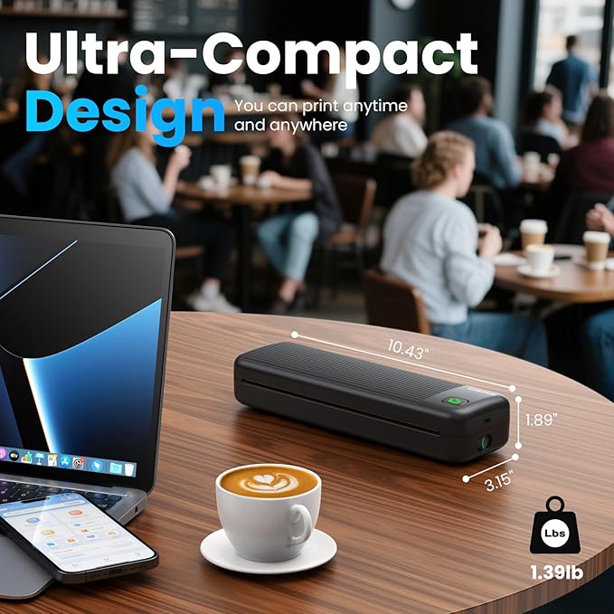 Portable Printer for Travel, Inkless Wireless Thermal Printer Compatible with iOS, Android, Laptop, Bluetooth Printers Supports 8.5"x11" US Letter for Office,Car,Home (Black)