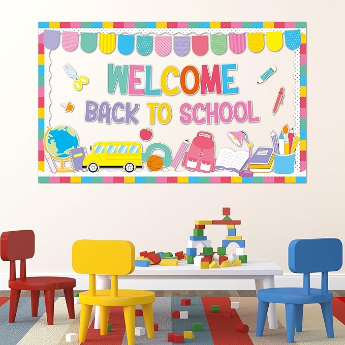 Welcome Back to School Bulletin Board Classroom Decorations Colorful Welcome Banner Cutouts Wall Door Decor Chalkboard Sign for First Day of School Classroom Party