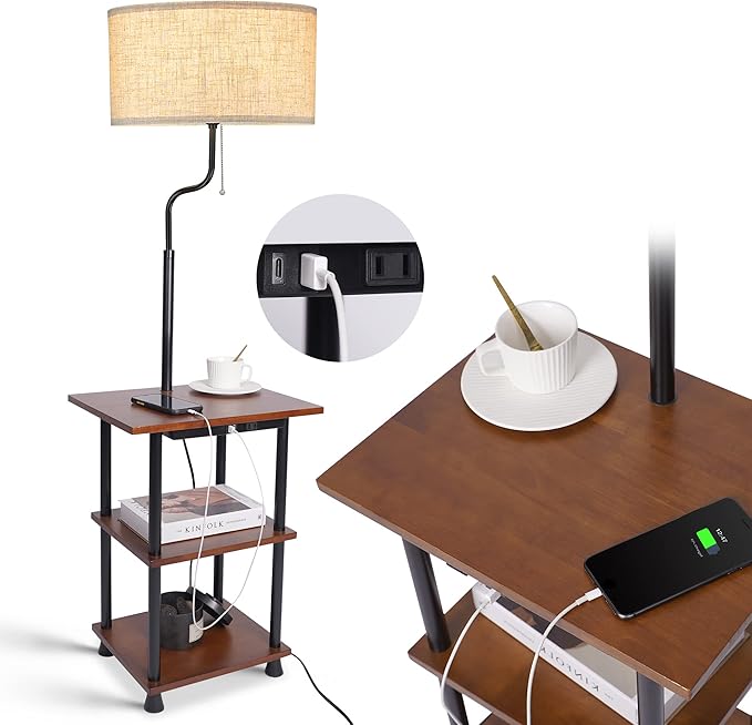 ELYONA Rubber Wood Floor Lamp with Table, Rustic End Table Lamp with USB & Type C Charging Port & Outlet, 3-Tier Shelf Nightstand Tall Standing Lamp for Living Room, Bedroom, Office, LED Bulb Included
