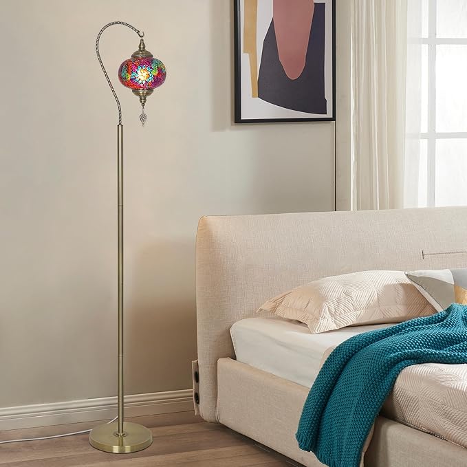 Turkish Moroccan Floor Lamp, Swan Neck Tiffany Lamp with Handmade Mosaic Glass Shade, Bronze Base, 65" Tall Standing Lamps for Living Room Bedroom Home Decor Light, Colorful