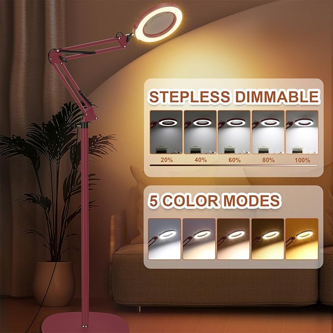 LANCOSC 10X Magnifying Glass with Light and Stand, 3-in-1 Adjustable Swing Floor Lamp, 5 Color Modes Stepless Dimmable, LED Lighted Hands Free Magnifier & Clamp for Reading, Crafts, Painting - Red