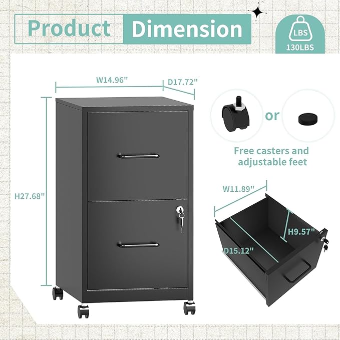 2 Drawer File Cabinet with Wheels, Metal Mobile Filing Cabinets with Lock, Vertical File Cabinet for Home Office, Rolling Storage Cabinet for A4/Letter/Legal Size File, Assembly Required, Black