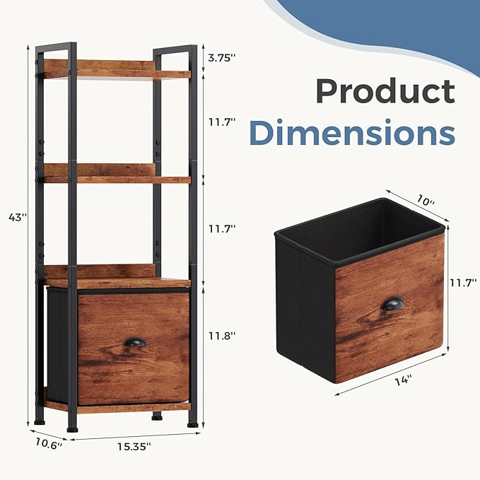 DUMOS 4 Tier Bookshelf, Bookcase with Fabric Drawer, Multi-Functional Display Standing Shelf for CDs/Books/Movies, Wood and Metal Storage Organizer in Bedroom, Living Room and Closet, Rustic Brown