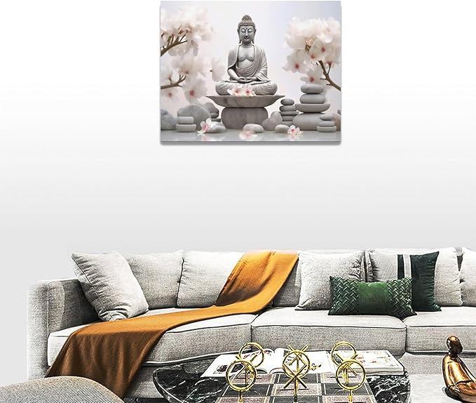 yerretin Buddha Zen Wall Art Buddhist Pictures Wall Decor Blossom Statue Canvas Meditation Painting Modern Artwork Home Decoration for Bathroom Living Room Bedroom Spa Yoga Framed 16"x12"
