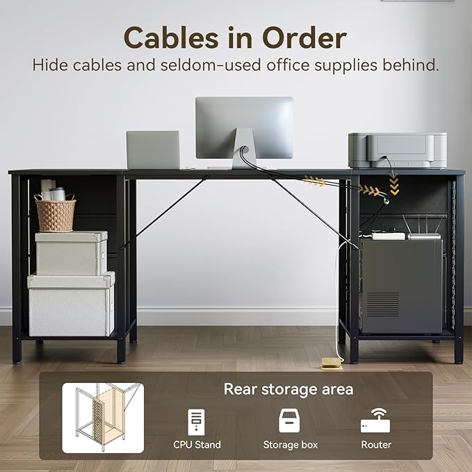 ODK 63 Inch Office Desk with 6 Fabric Drawers, Large Computer Desk for Home Office with Hidden Storage Shelves, Black