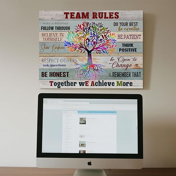 Inspirational Team Rules Wall Art for Office Decor Motivation Positive Quotes Canvas Prints Rustic Farmhouse Teamwork Artwork Framed Painting for Home Workplace 16x12inch Colleagues Coworker Gifts