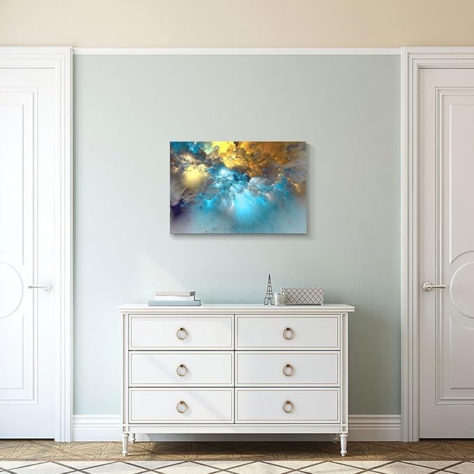Golden Canvas Wall Art Blue Modern Abstract Painting Prints Colorful Smoke Billowing on White Background Framed Energetic Artwork Pictures for Living Room Bedroom Hallway Wall Decoration 30x20in