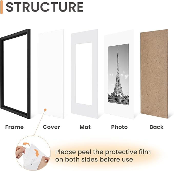 upsimples 8.5x14 Picture Frame Set of 5, Display Pictures 7x10 with Mat or 8.5x14 Without, Wall Gallery Photo Frames, Black