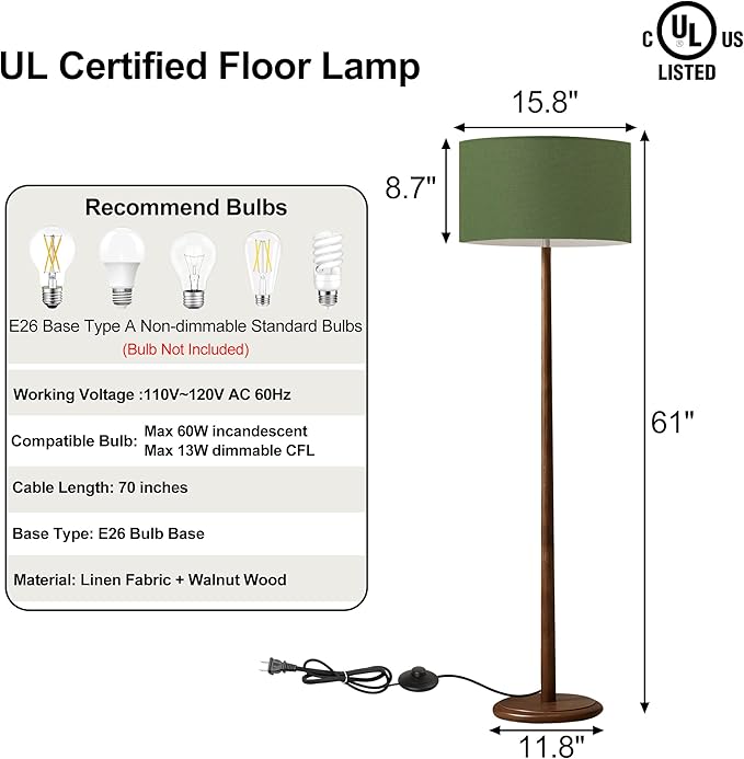 61" Rustic Walnut Wood Floor Lamp for Living Room, Retro Farmhouse Tall Lamp for Bedroom, Mid Century Standing Lamp with Linen Shade for Home Corner, Office, Dining Room, Bulb not Included, Green