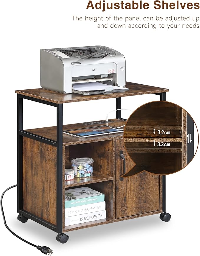 Lateral File Cabinet,Office Filing Cabinets with Socket and USB Charging Port,Modern Rolling Printer Stand with Storage for A4, Letter Size and File Folders,for Home Office, Rustic Brown
