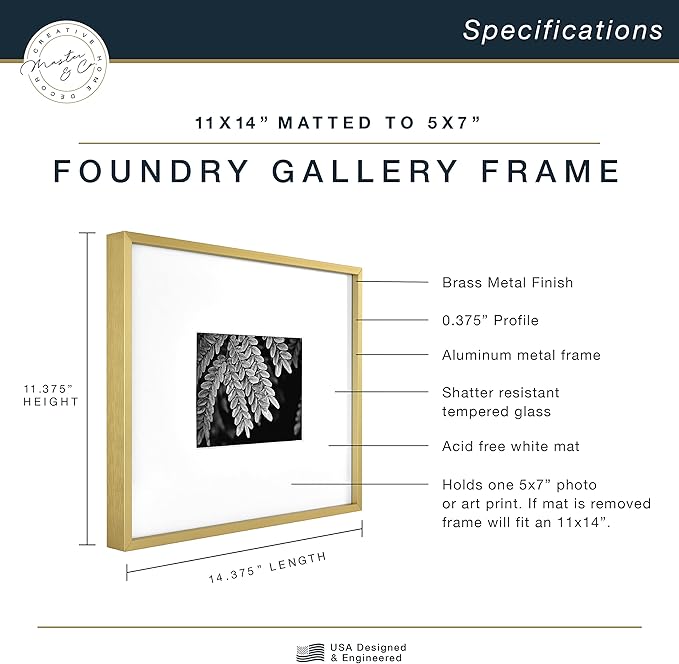 MCS Master & Co. Foundry Metal 11x14 Matted Picture Frame with 5x7 Photo Display, Brass Vertical & Horizontal Wall Hanging Frame for Photos & Artwork (1-Pack)