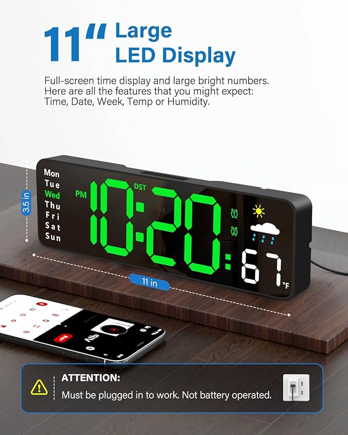 Digital Wall Clock, Digital Clock Large Display with Remote Control, Corded LED Alarm Clocks with Date, Week, Temp, Humidity, Auto DST, Countdown, for Living Room Bedroom Classroom Office (Green)