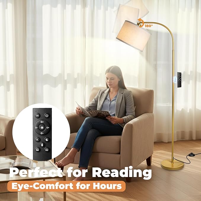 Arc Floor Lamps for Living Room, Modern Standing Lamp with Remote Dimmable Floor Lamp with Linen Shade, Tall Lamp for Bedroom Office Dining Room (Gold)