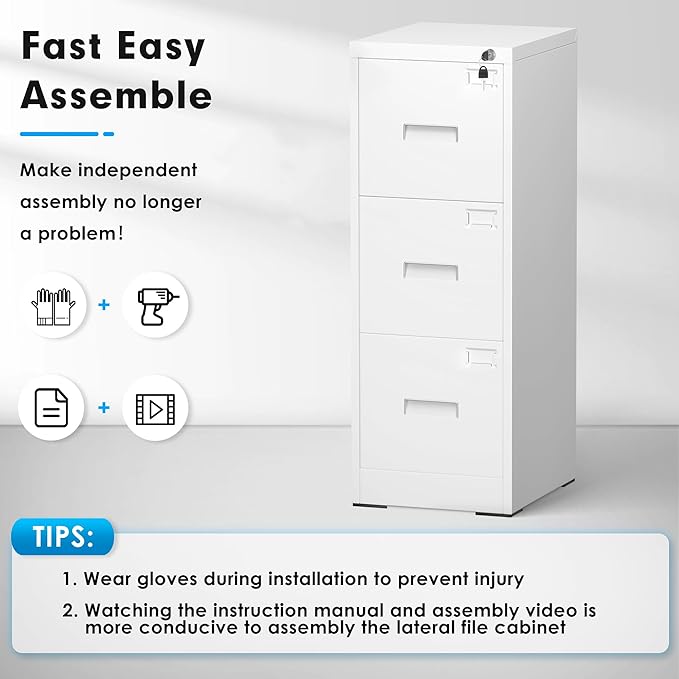 Pataku 3 Drawer File Cabinet with Lock, 18" D Locking File Cabinets, Black Vertical Filing Cabinet for Home Office, Metal Filing Cabinets for Home Office, Easy Assemble (White)