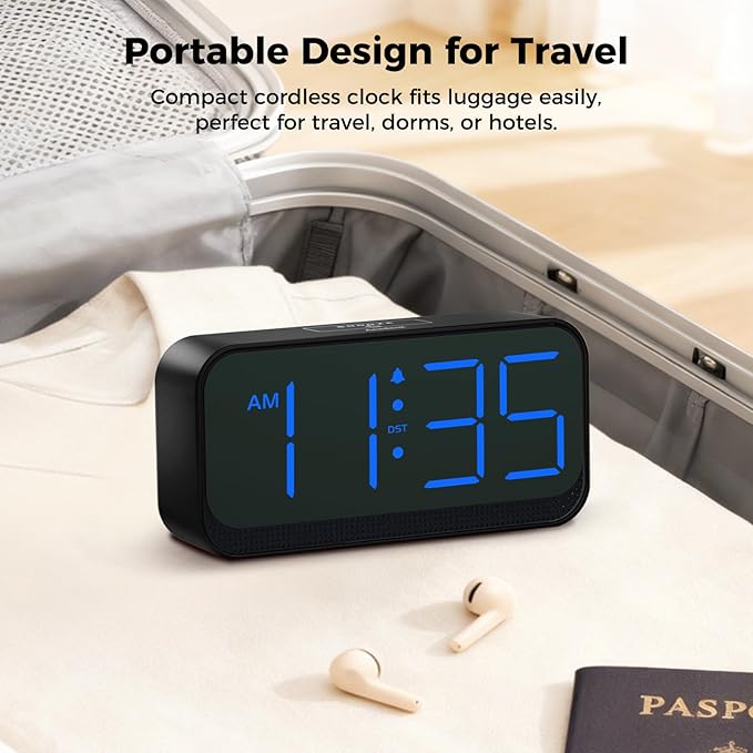 Battery Operated Digital Clock: Cordless Small Alarm Clock for Bedroom Travel - Large Numbers 4 Dimmers for All Ages Blue Digits
