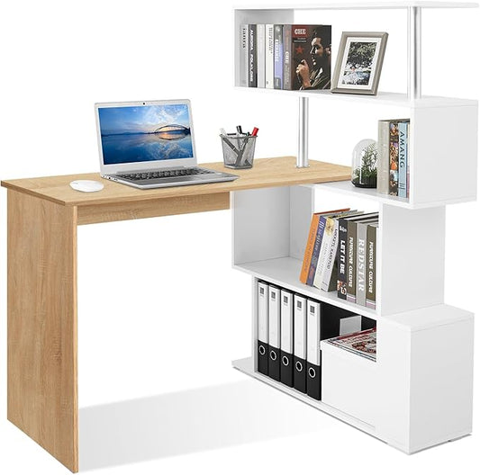 41.7" L Shaped Desk with 4-Tier Storage Shelves, Computer Corner Desk for Study Home Office Living Room (Oak and White)