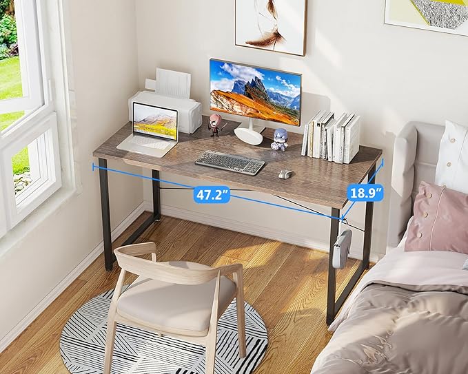 Casaottima 48 Inch Small Computer Desk for Home Office, Study Writing Table for Small Spaces, Simple Modern Desk with Headphone Hooks, Grey Oak