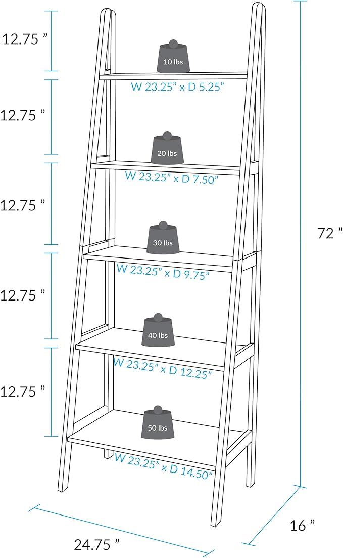 Casual Home 100% Solid Wood 5-Shelf Ladder Bookcase, Standard, 72" H, Two-Tone