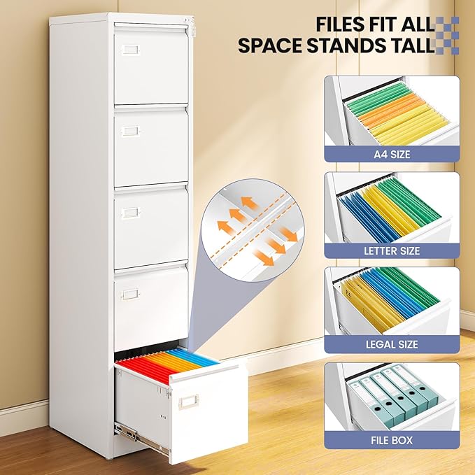 5 Drawer File Cabinet, White Metal Filing Cabinets with Lock Name Card Holder, Metal Vertical Filing Cabinets for Home Office, Steel Storage Cabinet fits Letter/Legal/A4 Size(Assembly Required)