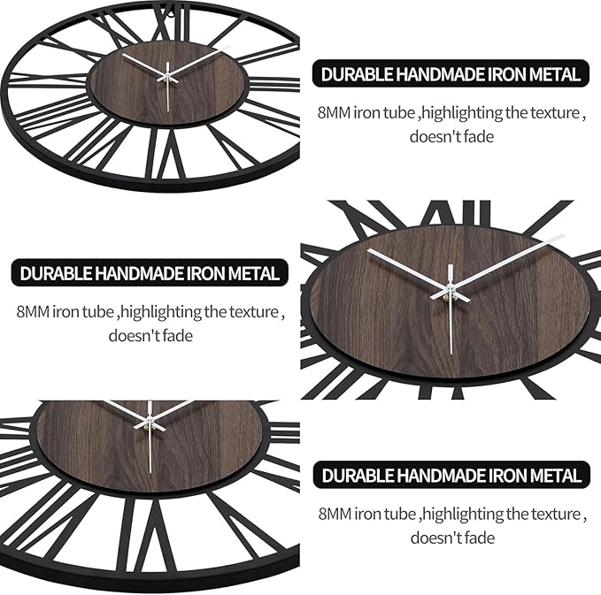 LEIKE Large LED Wall Clocks,Silent,Non Ticking,Battery Operated Rustic Round Modern Big Wood Wall Clock for Living Room, Bedroom,Kitchen,Farmhouse,Office,Home Decor -20" Black,LED,Roman Number