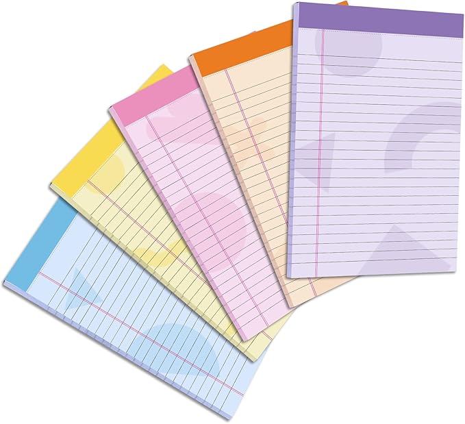 Thboxes 5 Pack Note Pad 5x8, 200 Sheets Colored Notepad Perforated Small Notepad College Ruled Writing Pad for To-Do Lists Grocery List Shopping List, 40 Sheets(Purple, Pink, Blue, Yellow, Orange)