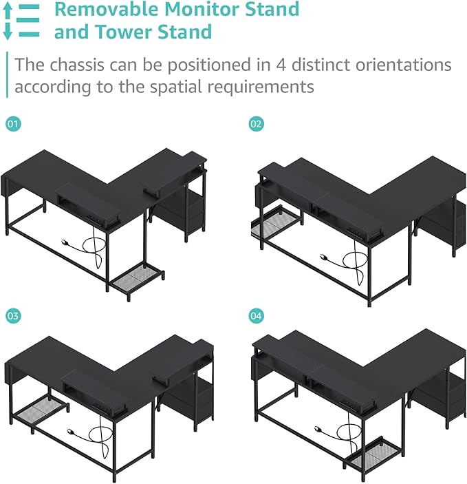 Lufeiya L Shaped Gaming Desk with Led Lights and Power Outlets, 47 Inch Corner Home Office Desk with Monitor Stand Shelves, Writing Study Computer Desks with Fabric Drawers for Bedroom, Black