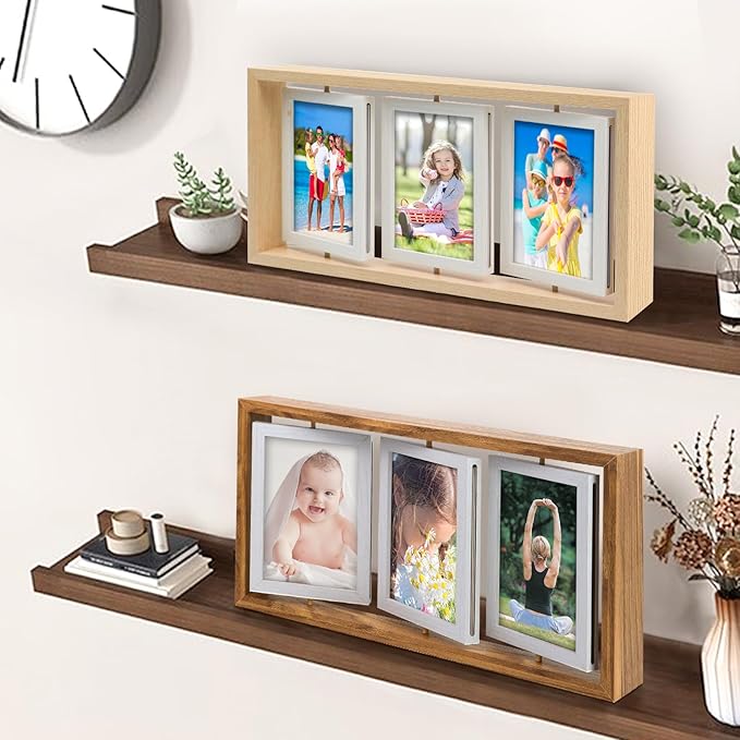 ZEEYUAN 4x6 Rotating Picture Frame Rustic Double Side Family Photo Frame, 4x6 Floating Wooden Picture Frame Vertical Collage Photo frame for Tabletop Display