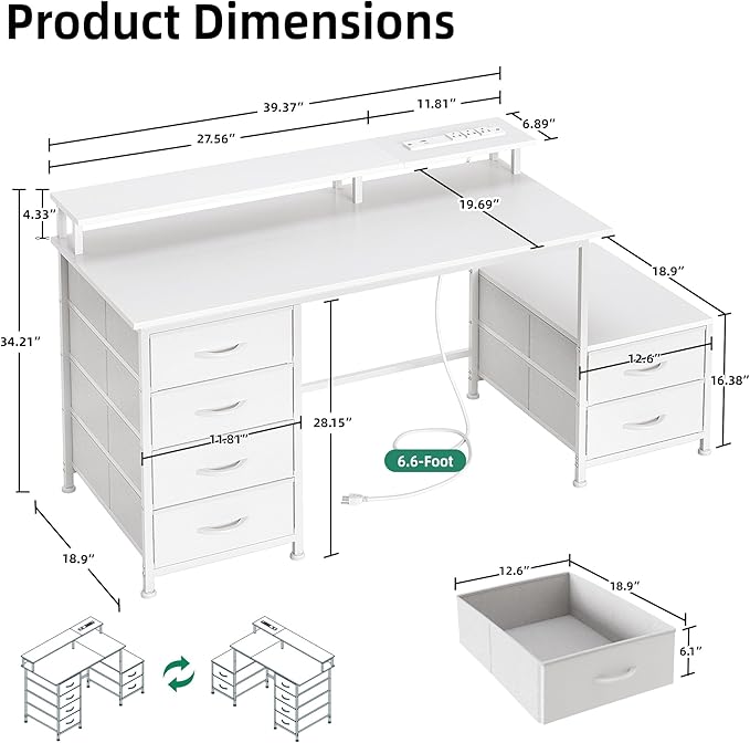 Flrrtenv 52 Inch Office Desk with 6 Drawers and Printer Space for Storage, Reversible Computer Desk with Monitor Stand & Power Outlets, Home Office Desks, White