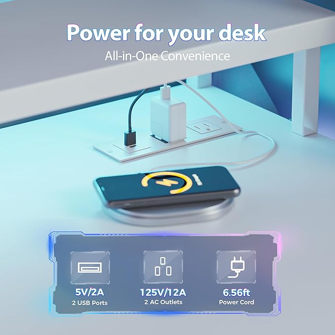 Mericonia Gaming Desk with Power Outlets & LED Lights, Reversible Computer Desk with PC Case Stand, Fabric Drawers, Modern Office Desk with Shelves, Monitor Stand
