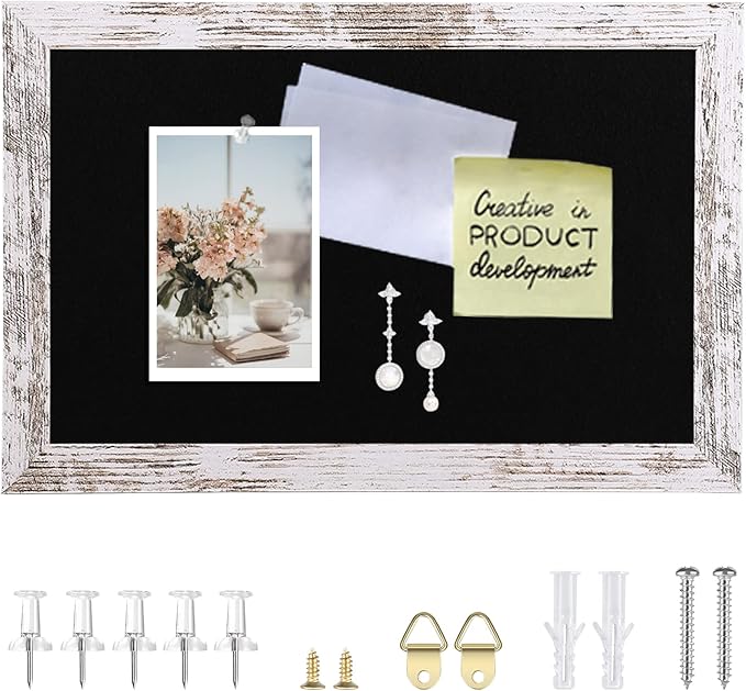 Black Felt Bulletin Board, Small Decorative Hanging Bulletin Boards for Walls with White Wooden Frame, 11.8"x8.6" Pin Board Vision Board for Office Home Kitchen School with Pins(2230,BK,1p)