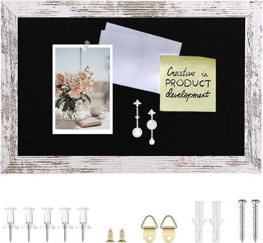 Black Felt Bulletin Board, Small Decorative Hanging Bulletin Boards for Walls with White Wooden Frame, 11.8"x8.6" Pin Board Vision Board for Office Home Kitchen School with Pins(2230,BK,1p)