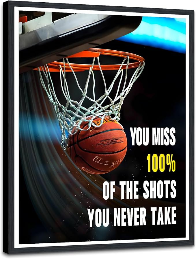 Basketball Framed Canvas Print Wall Art, You Miss 100% of the Shots You Never Take Motivational Sports Quote, Boys Room Decor, Gym Office Inspirational Poster, Ready to Hang, 12.5x16.5 Inches