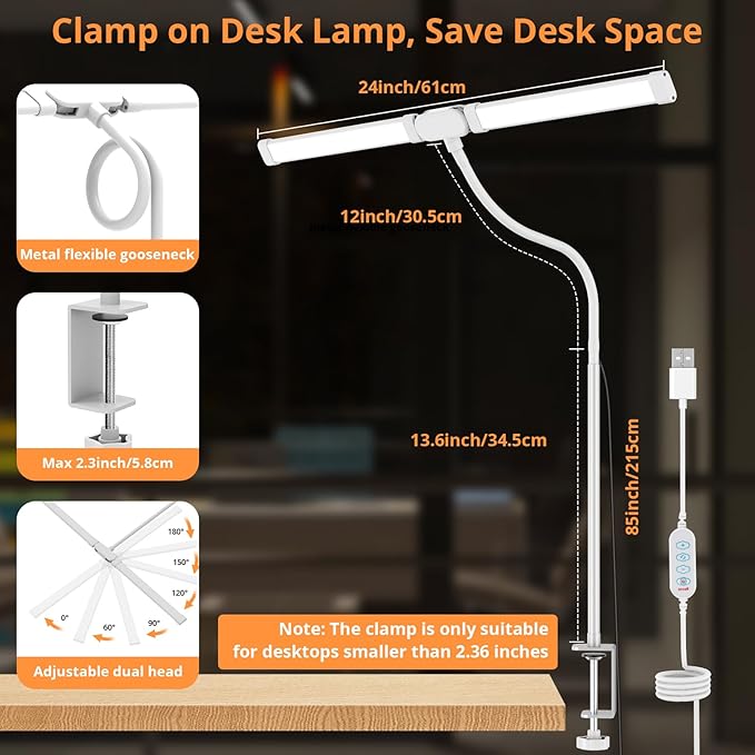 Desk Lamp with Clamp, with 5V 2A Adapter, LED Desk Lamp with Dual Head, 50 Light Modes, Computer Monitor Flexible Neck Lamp, Eye Protection Desk Lamps for Study, Office, Crafts, Draw(White)