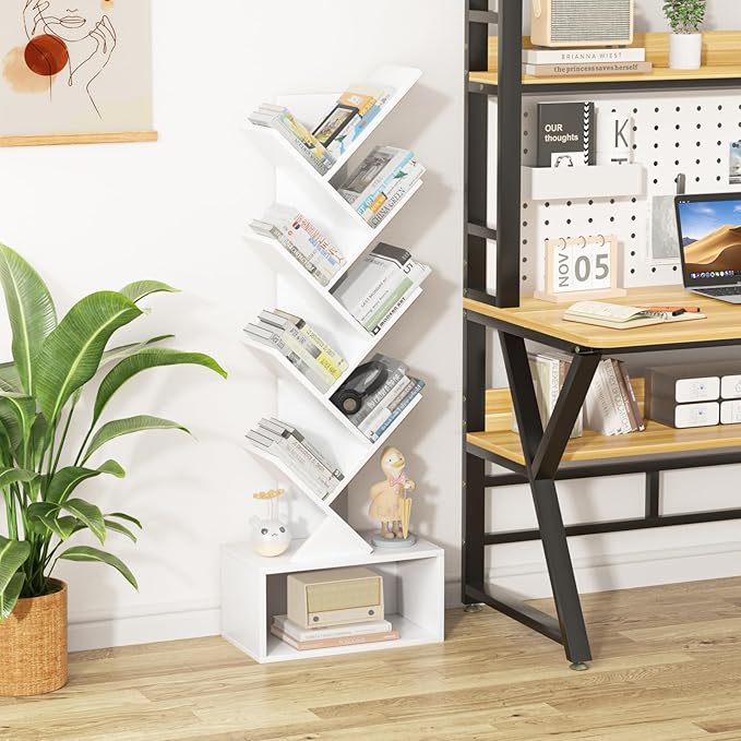 9 Tier Tree Bookshelf,Christmas Green Bookcase for Narrow Space, Storage Organizer Floor Standing Bookshelves for Books, Tall Book Case for Home Office, Living Room, Bedroom