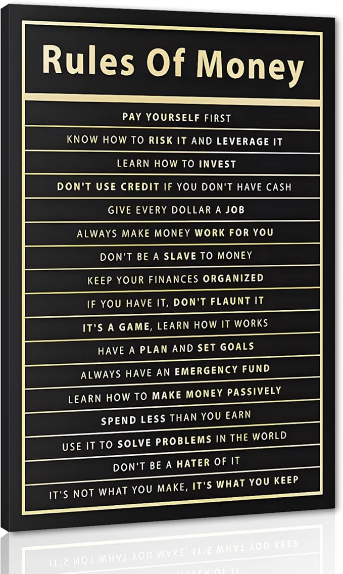Rules Of Money Motivational Wall Art Canvas Print Office Decor Financial Poster Entrepreneur Millionaire Inspirational Quote Framed Easy to Hang-12 inch x 16 inch