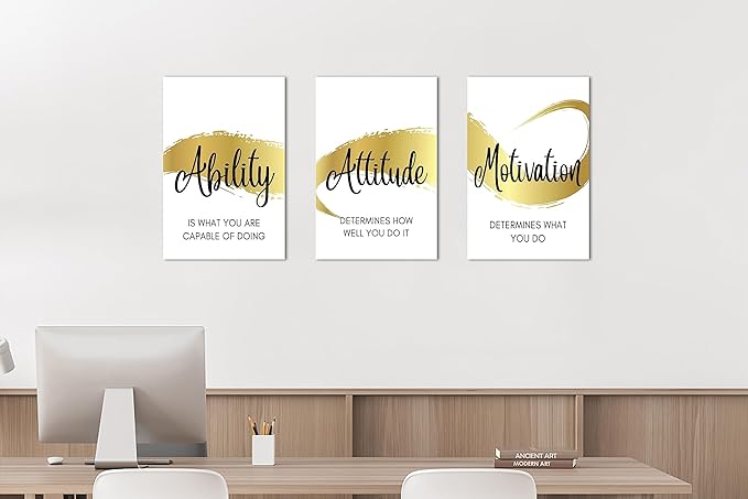 3 Piece Office Canvas Wall Art, Gold Motivational Quotes Canvas Print Pictures Wall Decor for Office, Men Women Inspirational Framed Artwork Home Office Decor 12"x18" x 3 Pcs