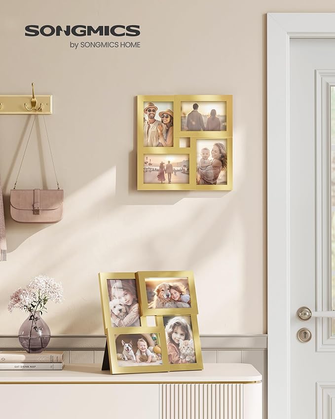 SONGMICS Collage Picture Frames, 4x6 for Wall Decor, Multi Family Photo for Gallery Decor, Hanging Display, Set of 4, Pale Gold URPF025A01