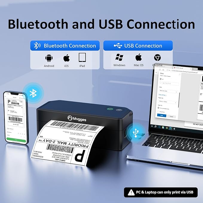 Mvgges Shipping Label Printer,Bluetooth 4x6 Thermal Label Printer for Small Business Office or Home, Compatible with Android, iOS, Windows and Mac, Widely Used for Amazon,USPS,Etsy