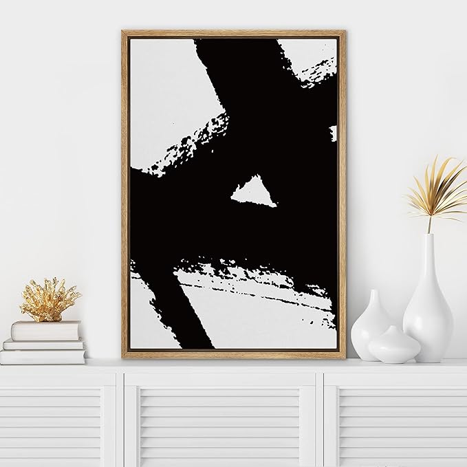 SIGNWIN Framed Canvas Print Wall Art Black Ink Paint Stroke Stripe Collage Abstract Shapes Illustrations Modern Art Minimal Multicolor for Living Room, Bedroom, Office - 16"x24" Natural
