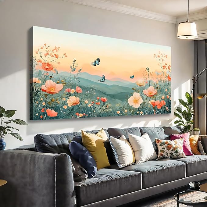 JLXART Large Canvas Wall Art Mountain Landscape with Flowers and Butterflies Living Room Decor Floral Nature Print Bedroom Office Wall Decor Framed Art 30 x 58 inches Ready to Hang