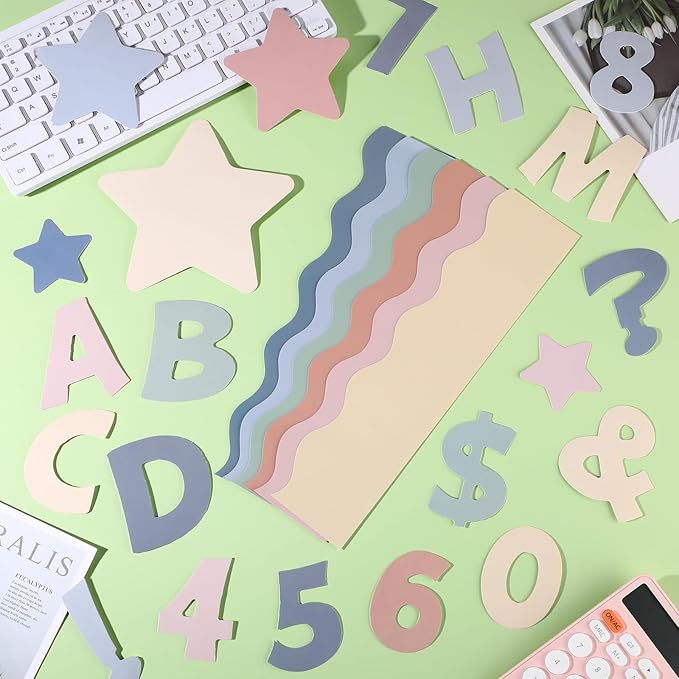 Containlol 188 Pcs Bulletin Board Borders Letters Stars Cutouts Set Include 59ft Poster Board Trims, Alphabet Letter Star Number Punctuation for Classroom(Boho Color)