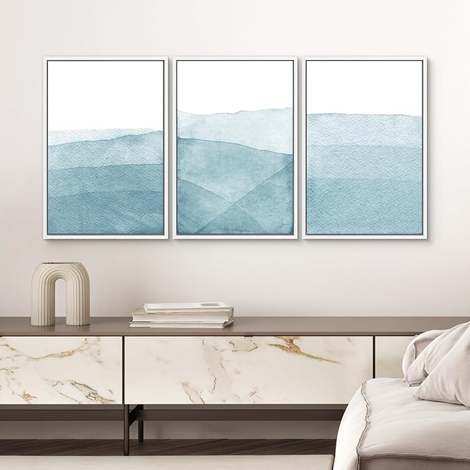 SIGNWIN 3 Piece Framed Canvas Wall Art Blue Wash Brushstroke Watercolor Nature Wilderness Illustrations Abstract Traditional Home Artwork Decoration for Living Room,Bedroom - 24"x36"x3 White