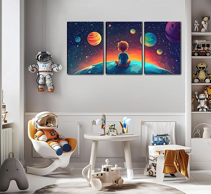 3Pcs Space Boy Canvas Wall Art Cute Inspirational Space Fantasy Wall decor pictures with Planet Pattern poster Prints Painting for Child’s Bedroom and Home Decoration Ready To Hang 12x16in canvas