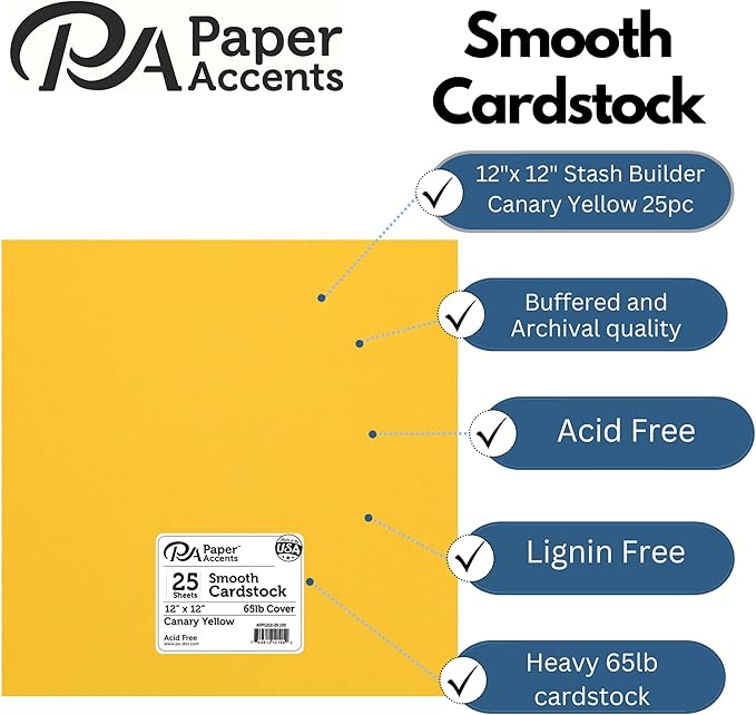 PA Paper Accents Cardstock Pack 12" x 12" Canary Yellow, Smooth, 65lb colored cardstock paper for card making, scrapbooking, printing, quilling and crafts, 25 pieces